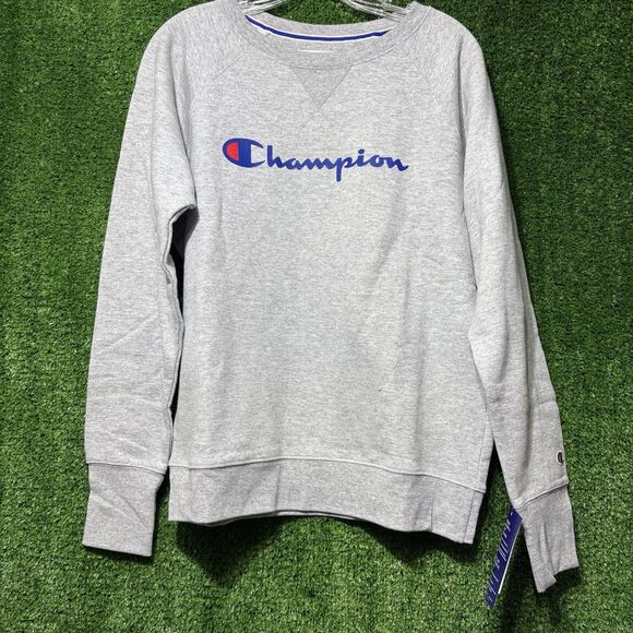 NWT Champion Gray Spellout Pullover Crewneck Sweatshirt Women’s Medium - Picture 1 of 5